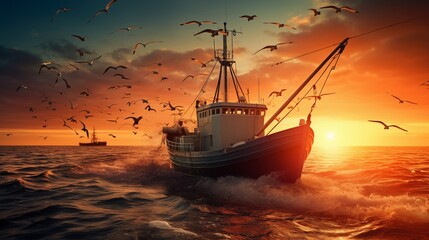 commercial deep-sea trawler fishing boat sails under the evening sun, casting a serene silhouette against the ocean's golden hues.
