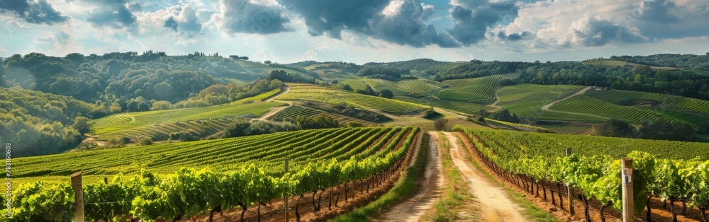 Poster a road runs through a vineyard with a cloudy sky in the background. the road is surrounded by lush g