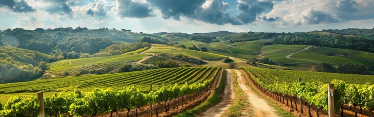 A road runs through a vineyard with a cloudy sky in the background. The road is surrounded by lush...