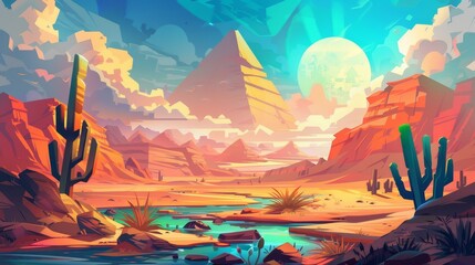 Ancient nile river scene drawing banner. Egyptian pyramid and desert oasis modern background. Cartoon cactus and river illustration of the great stone tomb, huge orange clouds, Arab archeology.