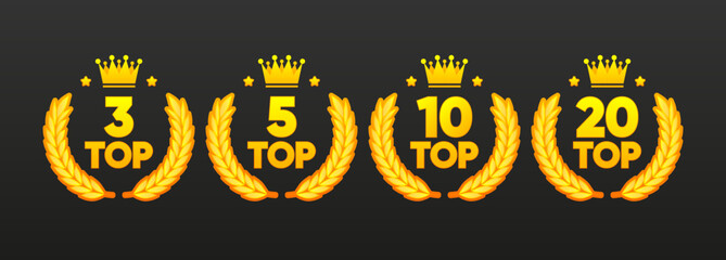 Top 3, 5, 10 and 20 Rating Chart. Best in the ranking. Winner in the category. Collection of badges. Vector illustration. - obrazy, fototapety, plakaty