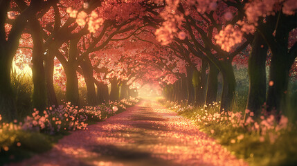 natural view of path in forest in spring. Anime background