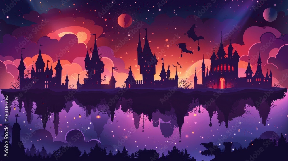 Wall mural a mysterious floating island, a fantasy sky road leading to a magical castle on a nighttime backgrou