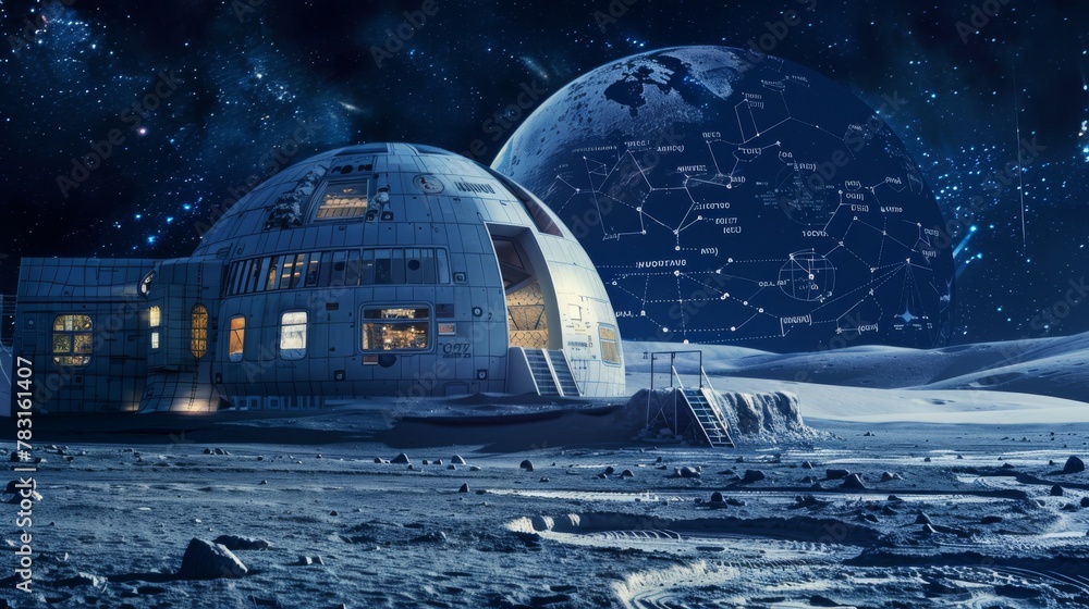 Poster an artists interpretation of a space station built on the moons surface, showcasing intricate archit