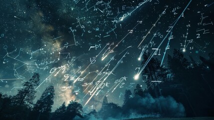 The night sky is filled with twinkling stars, and amongst them, numbers are scattered across the celestial expanse. Each number seems to glow softly against the backdrop of the dark sky, creating a un