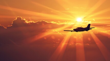 A motor plane is seen flying in the sky during sunset, creating a striking silhouette against the...