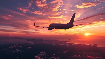 A motor plane silhouette flying in the colorful sky during sunset, showcasing a beautiful contrast...