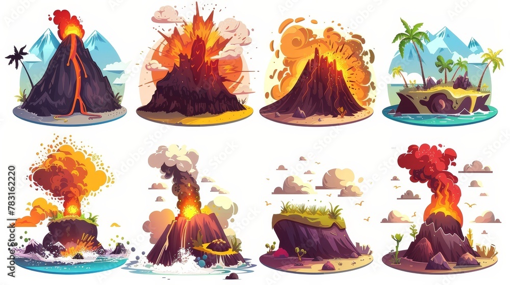 Poster cartoon illustration of volcano erupting. images of lava exploding on an island. boulder element col