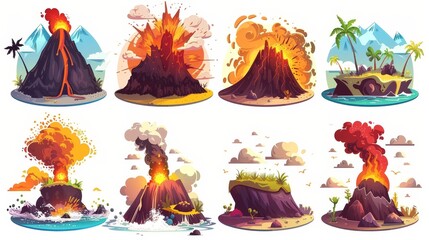 Cartoon illustration of volcano erupting. Images of lava exploding on an island. Boulder element collection for adventure landscapes.