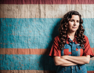 A woman standing in front of a wooden wall with a blue and white striped background.