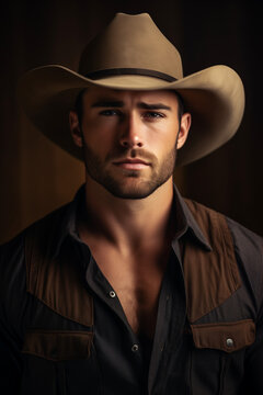Handsome male cowboy with beard and hat looking at camera