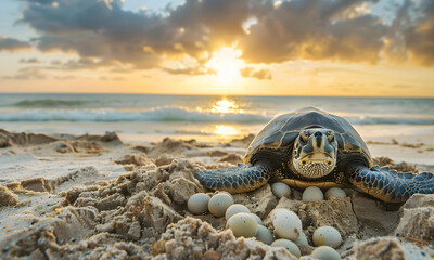 Turtle laying eggs on the beautiful beach. - 783162654