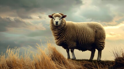 Flocks of fluffy white sheep graze in the green countryside fields in the evening.