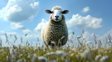 White sheep with fluffy wool graze peacefully in the green field and bright blue sky. - obrazy, fototapety, plakaty