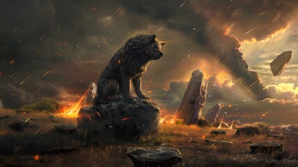 Image of the destruction of the faithful dog statue in the midst of a meteor shower disaster. - obrazy, fototapety, plakaty