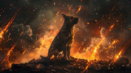 The faithful dog sat and waited for his master to return. In the sky filled with meteor showers - obrazy, fototapety, plakaty