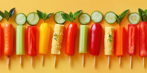 Poster Colorful vegetable skewers on yellow background top view, flat lay Healthy food concept with copy space © SHOTPRIME STUDIO