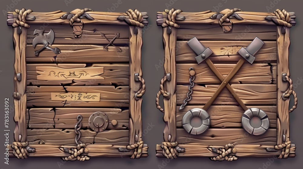 Poster modern pirate ui game frame and board buttons with wood texture. a round metal web plank for a medie