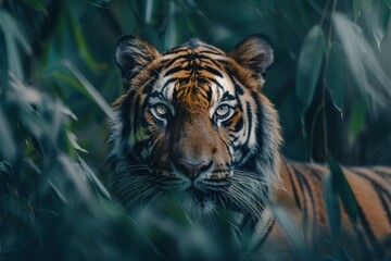 Portrait von einem Tiger in einem Gebüsch, in seinem natürlichen Lebensraum  - obrazy, fototapety, plakaty