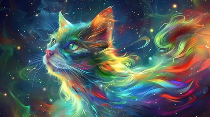 A cat staring at the stars with its colorful fur swaying in the gentle breeze. - obrazy, fototapety, plakaty