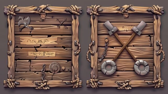 Modern pirate UI game frame and board buttons with wood texture. A round metal web plank for a medieval mobile app. A brown fantasy plate kit.