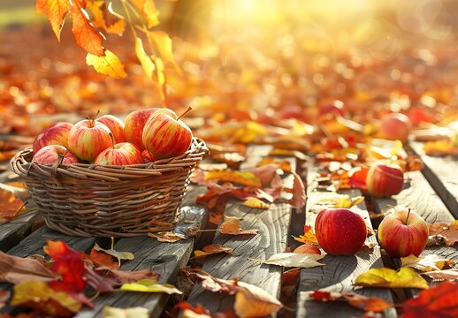 Serene autumn afternoon: sun-kissed apples in a basket among the golden shades of autumn