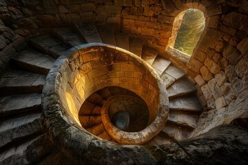 A spiral staircase made of stone with a window in the middle