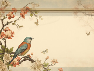 Vintage Floral Bird Illustration, Antique Nature Art with Copy Space
