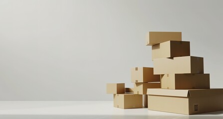 Neatly arranged stack of brown cardboard boxes of different sizes on a clean white background, illustrating the concepts of moving, storage and delivery