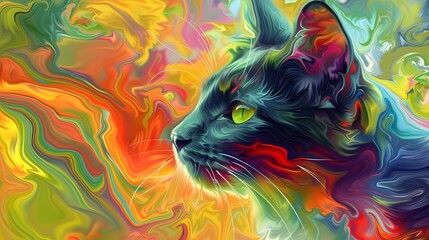 Abstract image of a curious black cat with sparkling eyes following a colorful butterfly.