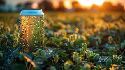 A green can of beer in a hop field, low angle view. Generated by artificial intelligence.