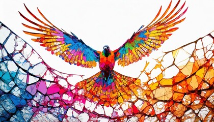 カラフルなステンドグラス、鳥をモチーフにしたアート