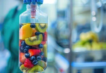 Merging nature and science: colorful fruits suspended in modern laboratory glassware symbolize innovation in nutrition