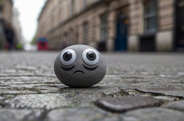 Gray smooth sad Pet rock with googly eyes stuck to it on urban street background. The concept of hobbies, caring for pets, fighting loneliness and stress, traveling together. AI generated
