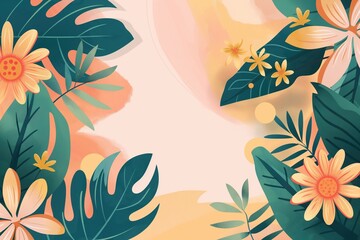 Warm tropical floral illustration with orange hues and ample copy space background