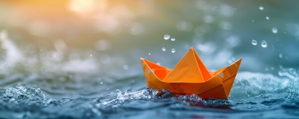 Paper boat in turbulent water, minimalist, clear background, representing perilous refugee journeys - obrazy, fototapety, plakaty