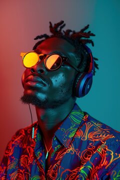 Ein attraktiver Afrikanischer Mann mit Sonnenbrille h&ouml;rt Musik &uuml;ber seine Kopfh&ouml;rer und wird von Neonfarben angestrahlt 