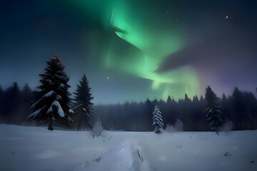 Naklejka premium Snow covered winter forest under stormy snowfall and blue sky with colorful lights