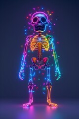 Ein in Neonfarben leuchtendes Skelett 