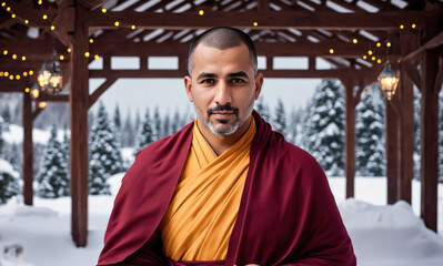 A man in a red robe standing in front of a wooden structure with snow on the ground.