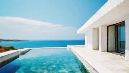Fototapeta premium modern white mediterranean house over turquoise sea and blue sky, Architectural detail