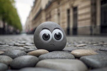 Gray smooth sad Pet rock with googly eyes stuck to it on urban street background. The concept of hobbies, caring for pets, fighting loneliness and stress, traveling together. AI generated