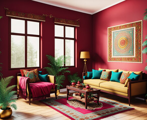 An image of a living room with a pink wall, a couch, and a rug.