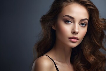 Naklejka premium Beautiful young woman with long curly brown hair.