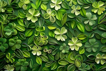 coiled paper shamrocks create a stunning, artistic pattern, showcasing the meticulous craft of paper quilling - obrazy, fototapety, plakaty