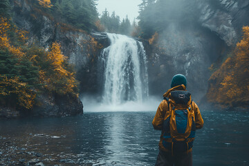 a man in a yellow raincoat stands in front of a waterfall - obrazy, fototapety, plakaty