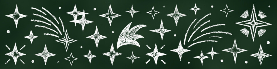 Realistic Chalk Drawn Sketch. Set of Design Elements Four-pointed Stars Isolated on Chalkboard Backdrop.