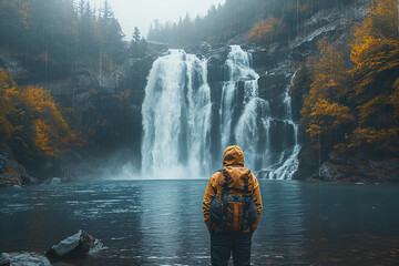 a person in a jacket stands in front of a waterfall