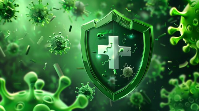 A modern realistic illustration of piked cells attacking an immune safety bubble, medical poster template, vaccination concept, virus protection banner on green background.