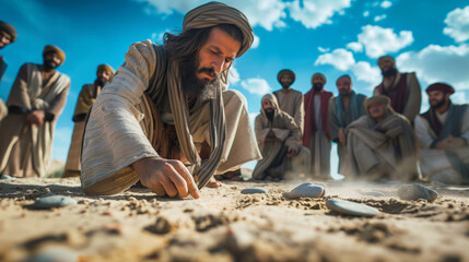 A man is kneeling on the ground and hes writing in the sand